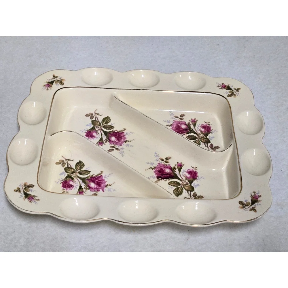 Vintage Deviled Egg Platter 12 Egg Rose Floral Divided Relish Serving Tray